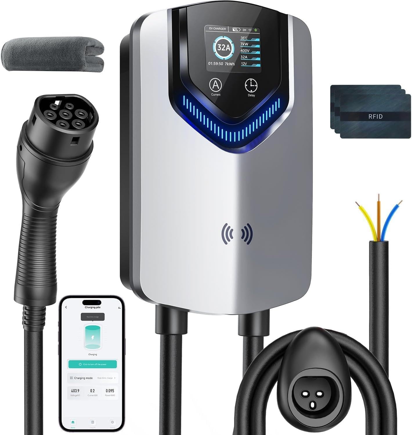 Fotografía técnica oficial de ABB Terra AC Wallbox Punto de Recarga 7.4kW Tipo 2 con RFID y Conectividad Cloud - Vista frontal con fondo neutro