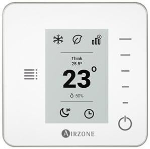 Fotografía técnica oficial de Airzone Think Termostato de Zona Inalámbrico con Pantalla de Tinta Electrónica - Vista frontal con fondo neutro