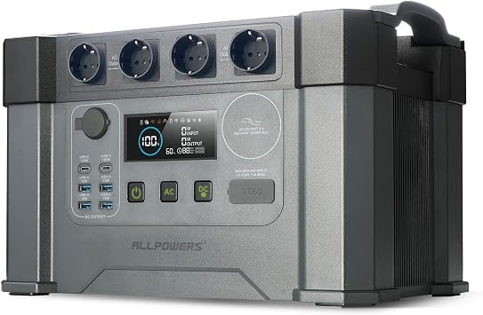 Fotografía técnica oficial de ALLPOWERS S2000 Pro Batería Solar Portátil 1451Wh con Inversor 2400W Schuko y SAI - Vista frontal con fondo neutro