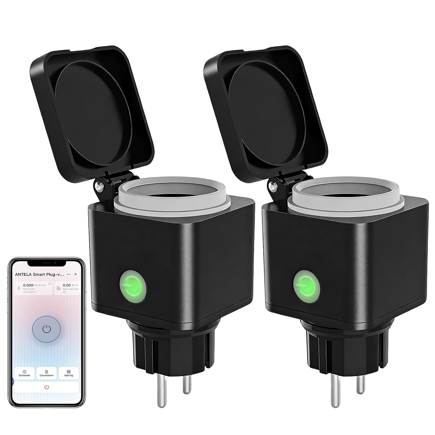 Fotografía técnica oficial de Enchufe Inteligente Estanco para Exterior IP44 con Control por Voz y Temporizador - Vista frontal con fondo neutro
