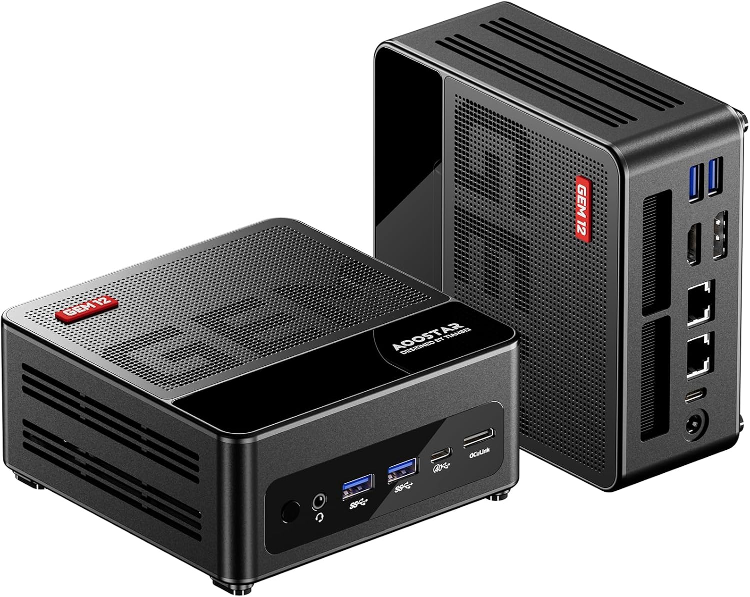 Ver especificaciones técnicas y precio actualizado de AOOSTAR GEM12 MAX Mini PC con AMD Ryzen 7 8745HS (OCuLink 64Gbps, 24GB DDR5, Triple NVMe) Fotografía técnica oficial de AOOSTAR GEM12 MAX Mini PC con AMD Ryzen 7 8745HS (OCuLink 64Gbps, 24GB DDR5, Triple NVMe) - Vista frontal con fondo neutro