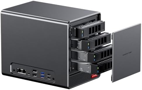 Fotografía técnica oficial de AOOSTAR WTR PRO Servidor NAS Híbrido 4 Bahías (AMD Ryzen 7 5825U 8C/16T, Dual 2.5GbE LAN) - Vista frontal con fondo neutro