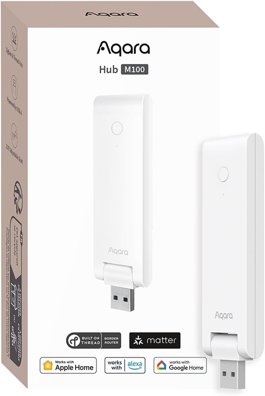 Fotografía técnica oficial de Aqara Hub M3 Controlador Central Matter sobre Thread con PoE, Zigbee e Infrarrojos 360° - Vista frontal con fondo neutro