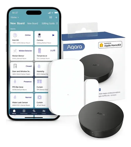 Fotografía técnica oficial de Aqara Sistema de Alarma Domótica con Hub M2 Sirena 90dB y Sensores de Apertura - Vista frontal con fondo neutro