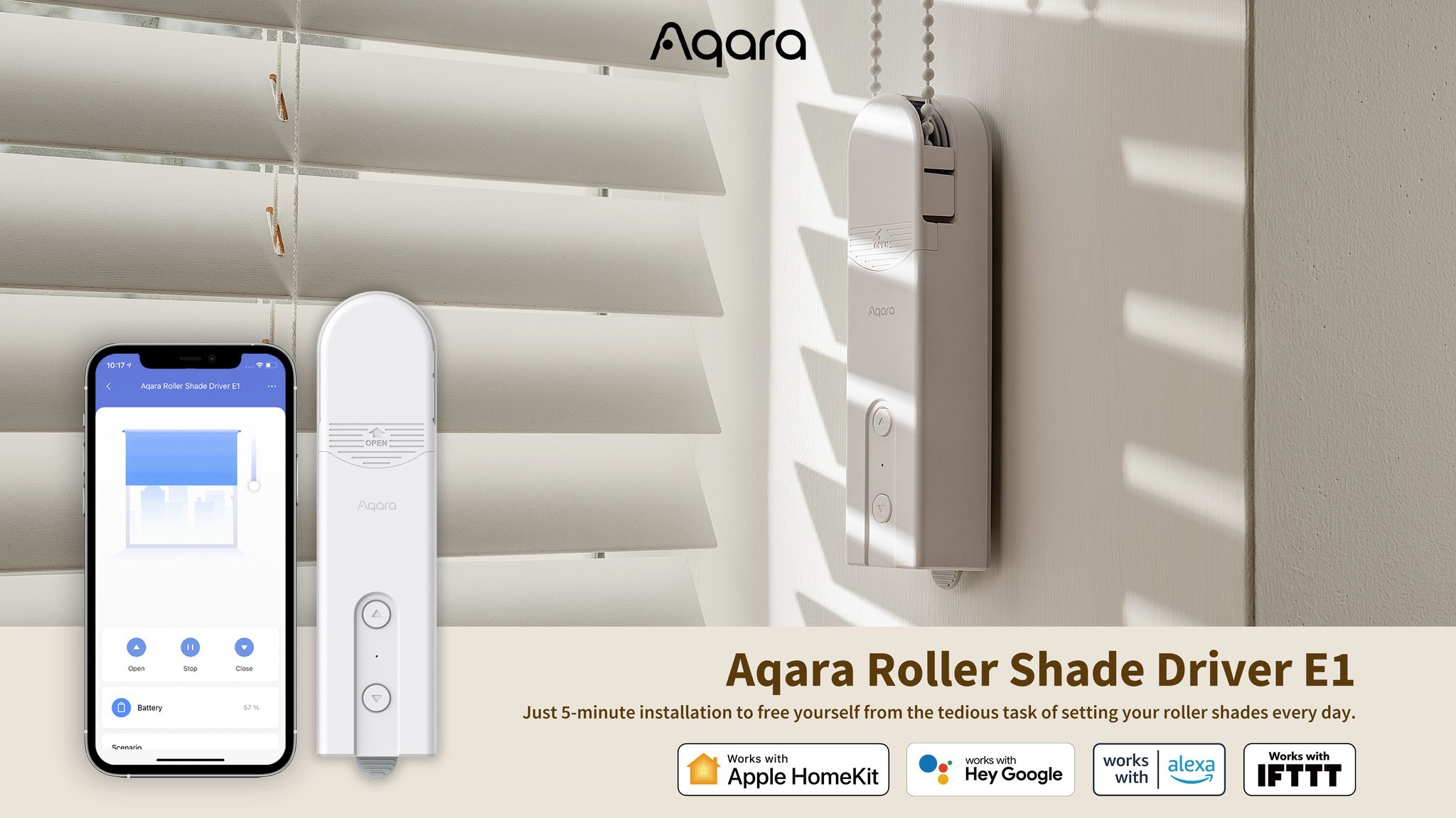 Fotografía técnica oficial de Aqara Roller Shade Driver E1 Motor Inteligente para Estores con Cadena - Vista frontal con fondo neutro