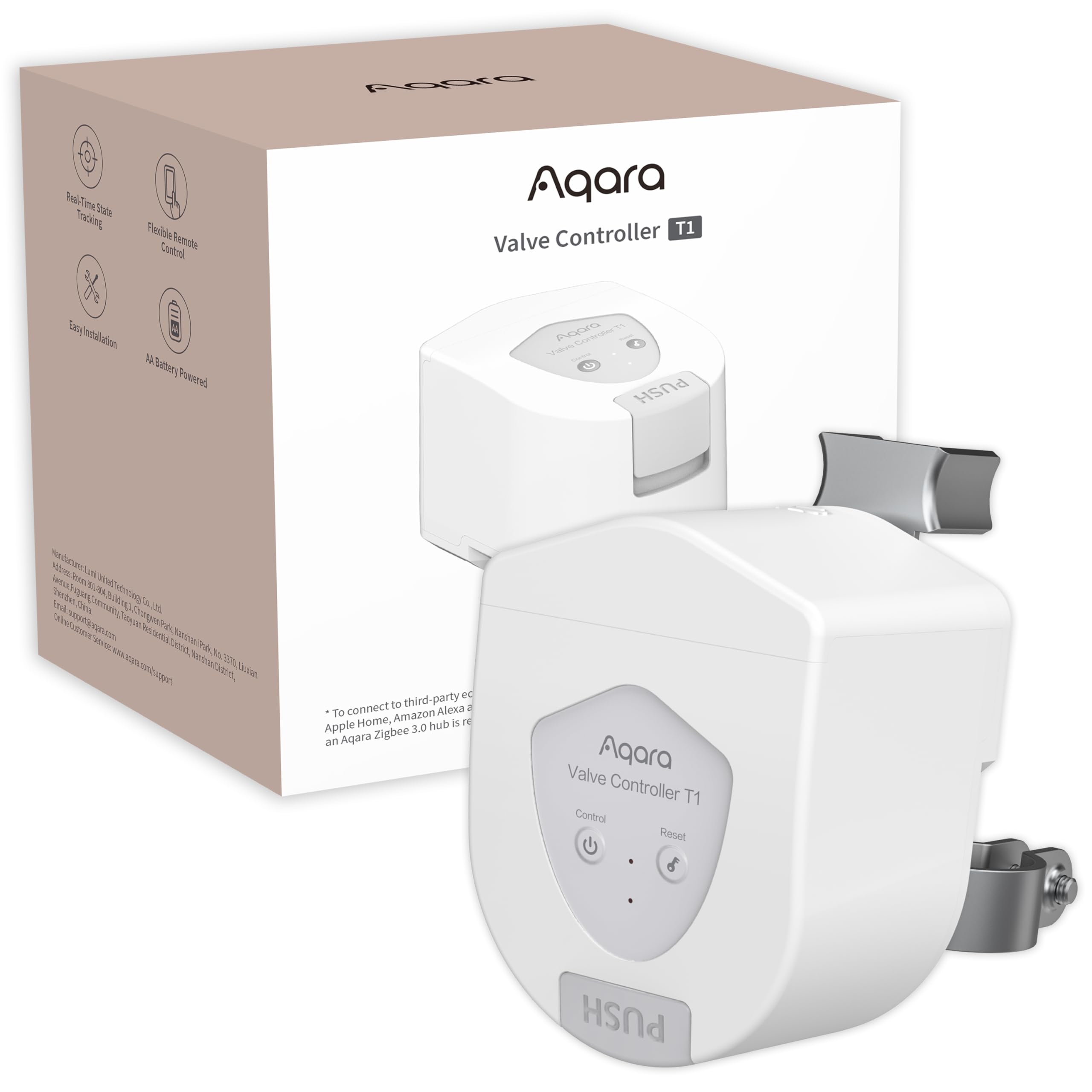 Fotografía técnica oficial de Aqara Smart Valve Controller T1 Motorizador para Llave de Paso de Bola sin Obras Zigbee 3.0 - Vista frontal con fondo neutro