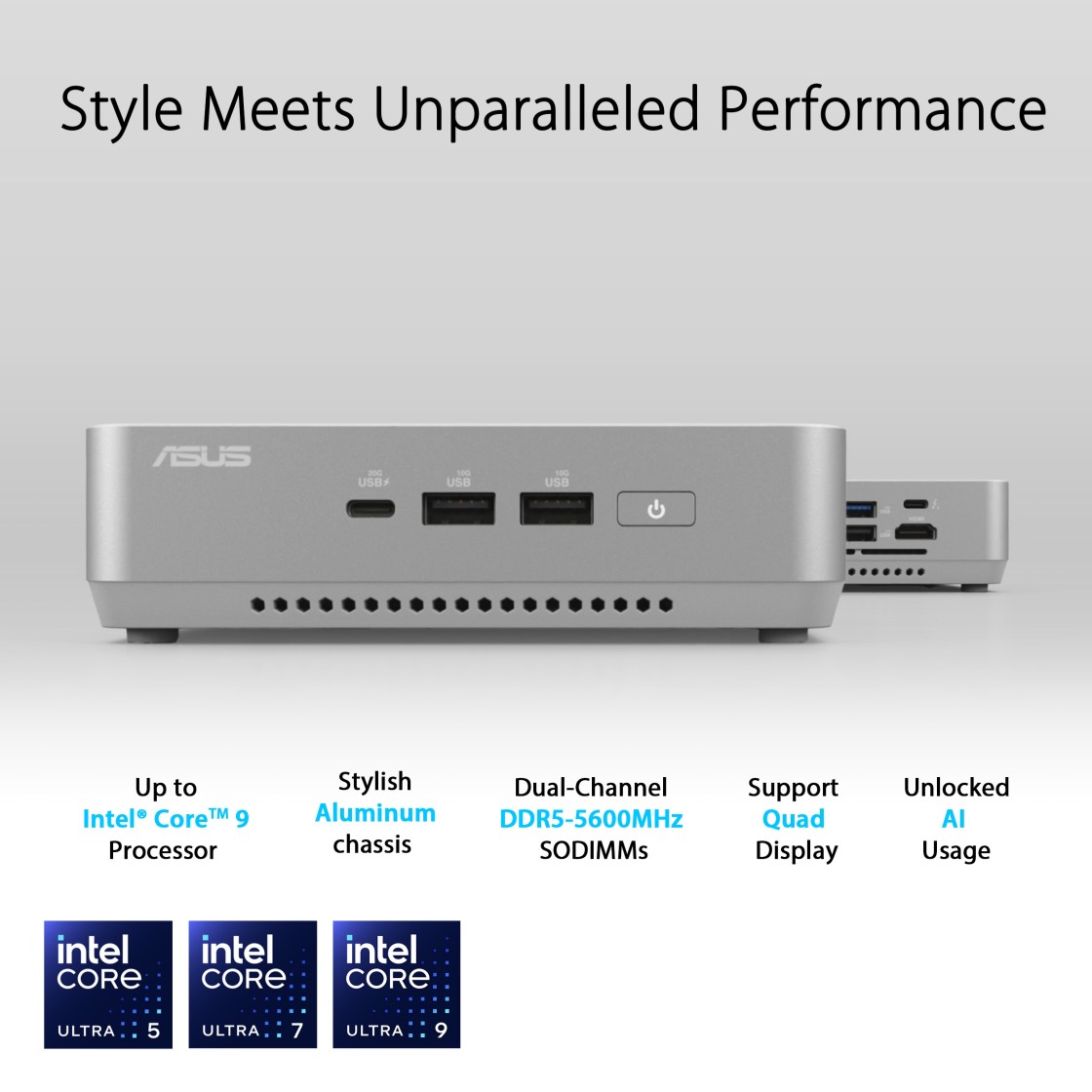 Fotografía técnica oficial de ASUS NUC 14 Pro+ Mini PC con Intel Core Ultra 9 185H (16C/22T), Intel AI Boost NPU y Gráficos Intel Arc - Vista frontal con fondo neutro