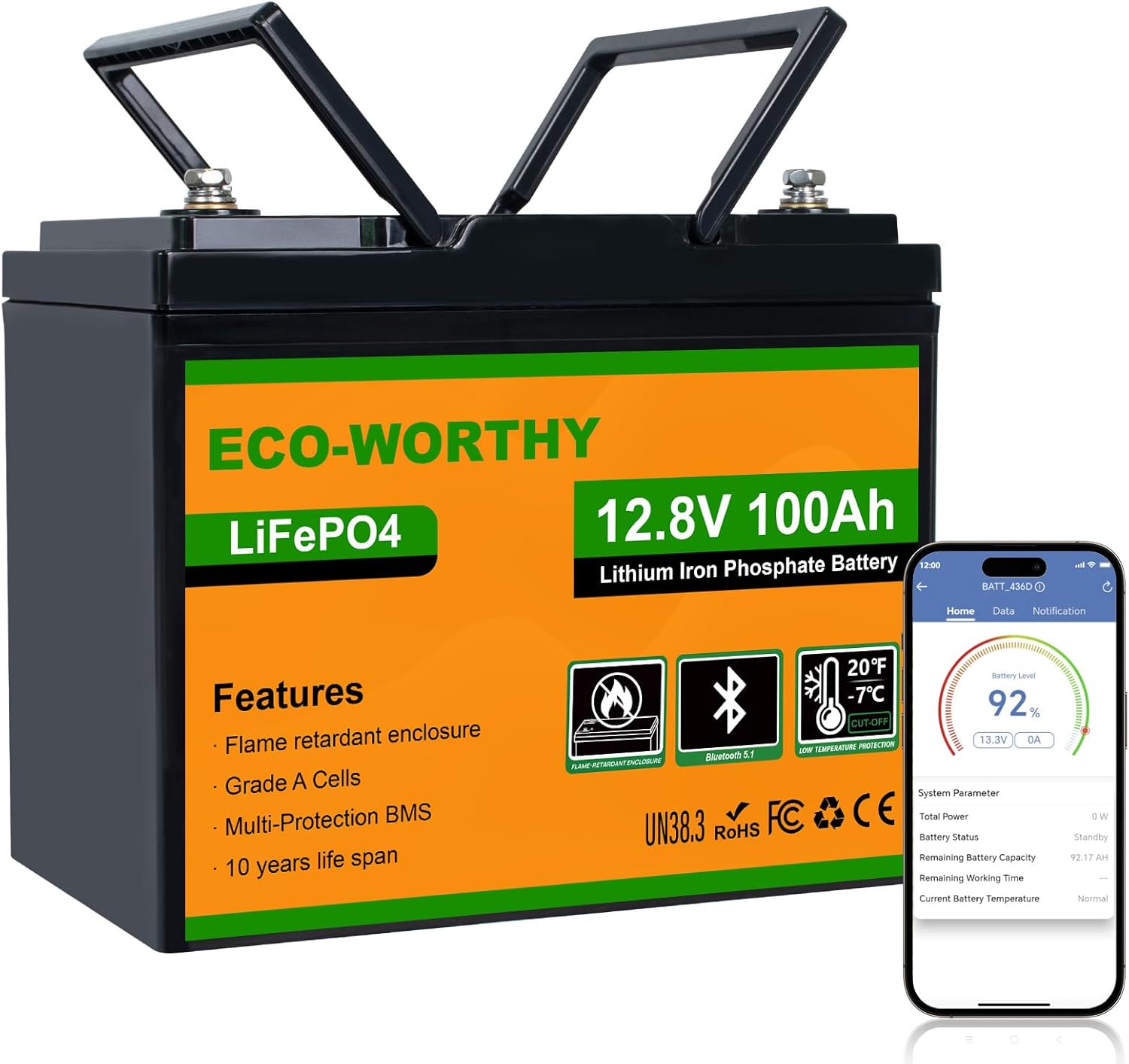 Ver especificaciones técnicas y precio actualizado de Batería de Litio LiFePO4 12V 100Ah con BMS Inteligente y Bluetooth para Camper Fotografía técnica oficial de Batería de Litio LiFePO4 12V 100Ah con BMS Inteligente y Bluetooth para Camper - Vista frontal con fondo neutro