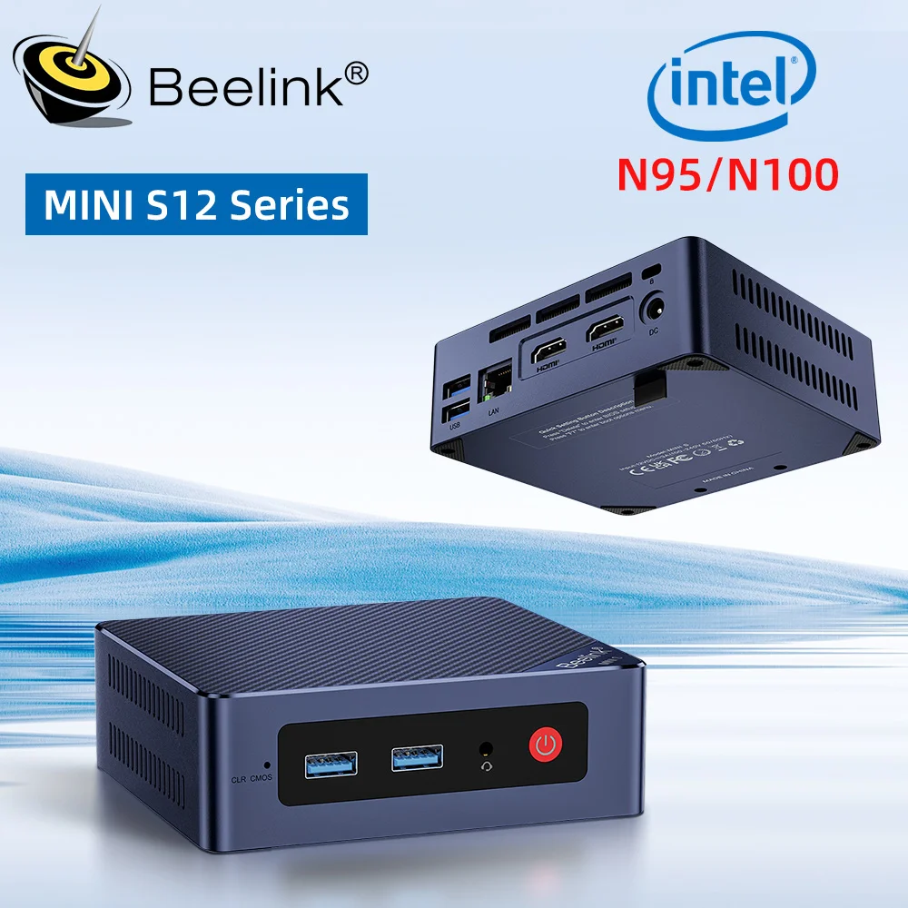 Fotografía técnica oficial de Beelink Mini S12 Pro Mini PC con Intel 12ª Gen N100 (Hasta 3.4GHz), 16GB DDR4 y 500GB SSD - Vista frontal con fondo neutro