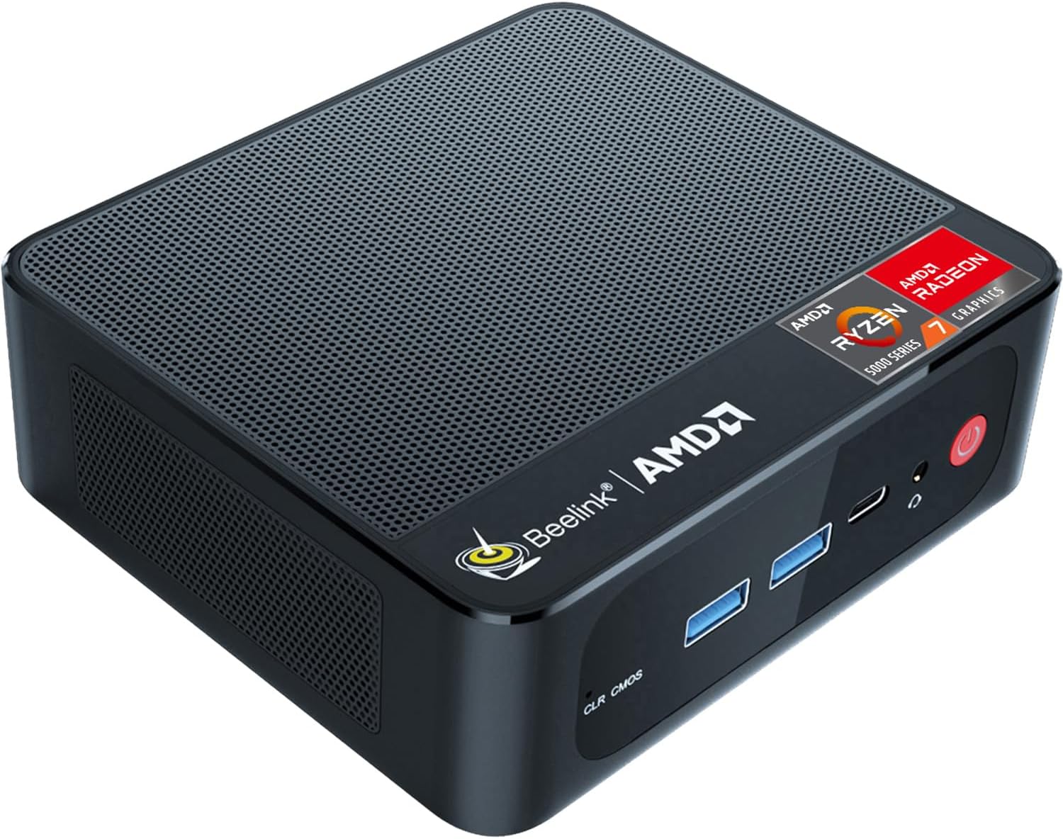 Fotografía técnica oficial de Beelink SER5 Pro Mini PC con AMD Ryzen 7 5800H (8C/16T), 32GB RAM DDR4 y 1TB SSD NVMe - Vista frontal con fondo neutro