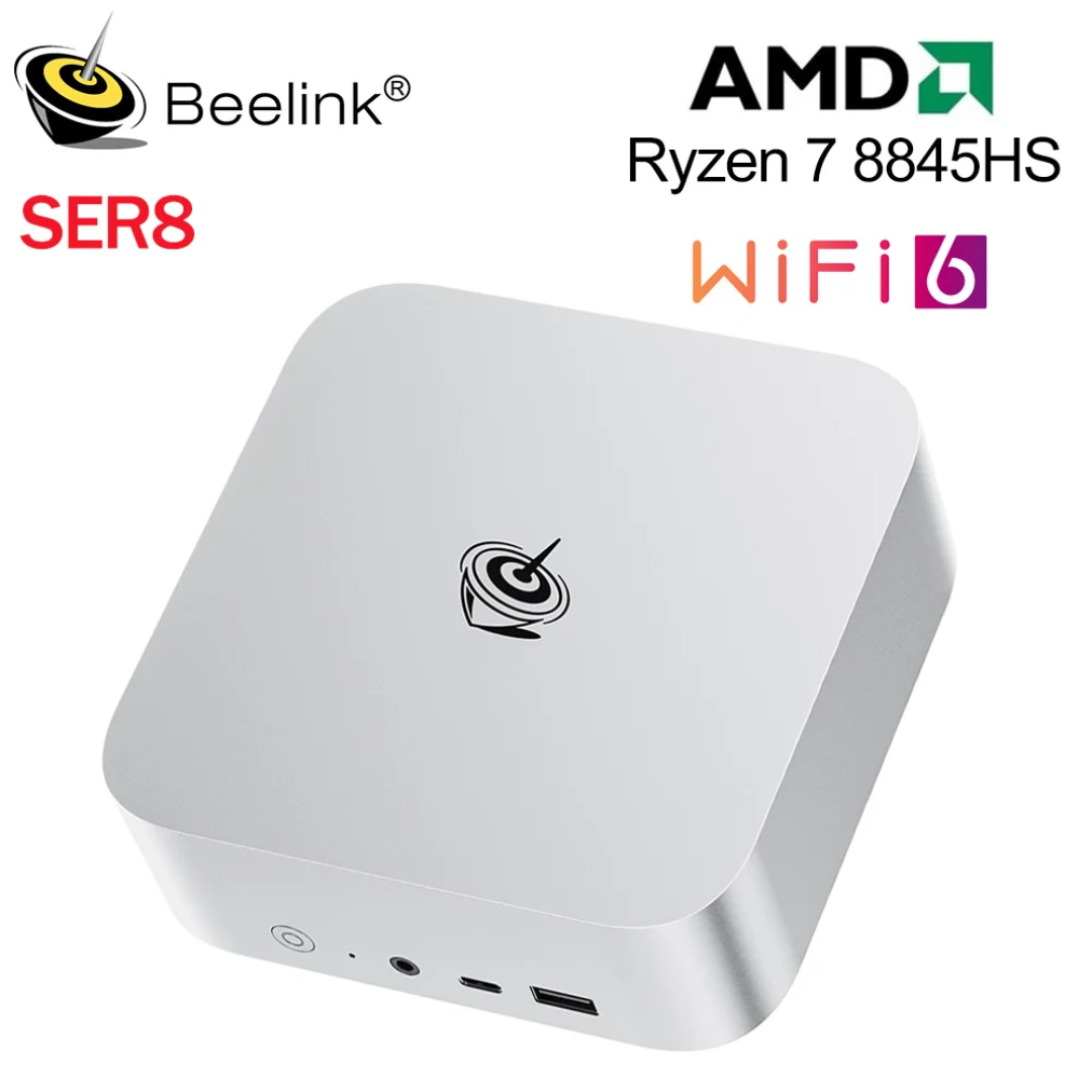 Fotografía técnica oficial de Beelink SER8 Mini PC con AMD Ryzen 7 8845HS (Hasta 5.1GHz), 32GB DDR5, 1TB SSD y NPU Ryzen AI - Vista frontal con fondo neutro