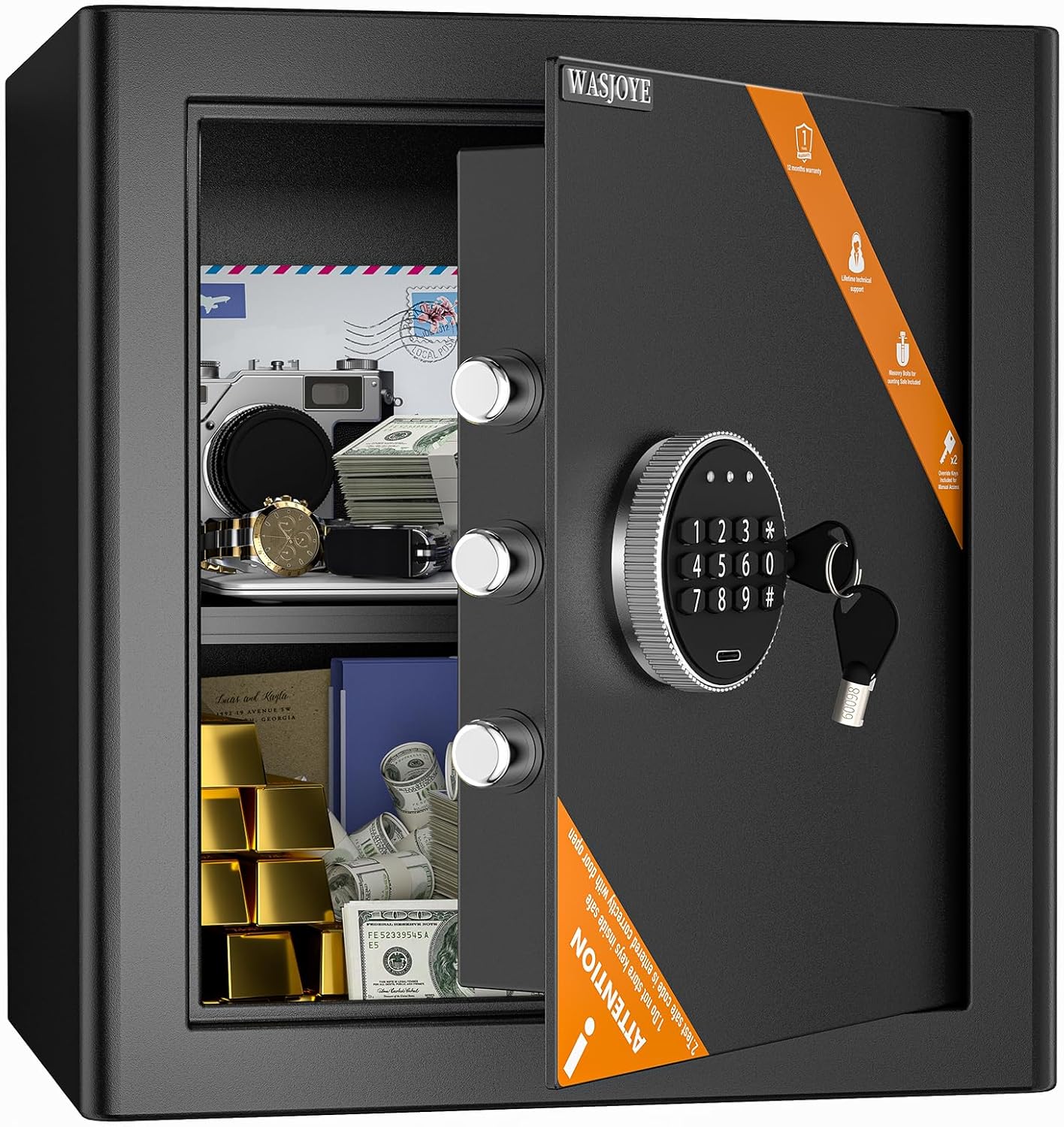 Ver especificaciones técnicas y precio actualizado de Caja Fuerte Doméstica de Alta Seguridad con Lector Biométrico de Huella y Teclado Fotografía técnica oficial de Caja Fuerte Doméstica de Alta Seguridad con Lector Biométrico de Huella y Teclado - Vista frontal con fondo neutro