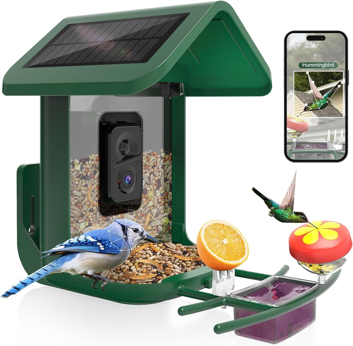Fotografía técnica oficial de Camojojo Comedero para Pájaros con Cámara Solar HD 1080p, Visión Nocturna e Identificación por IA Biológica - Vista frontal con fondo neutro