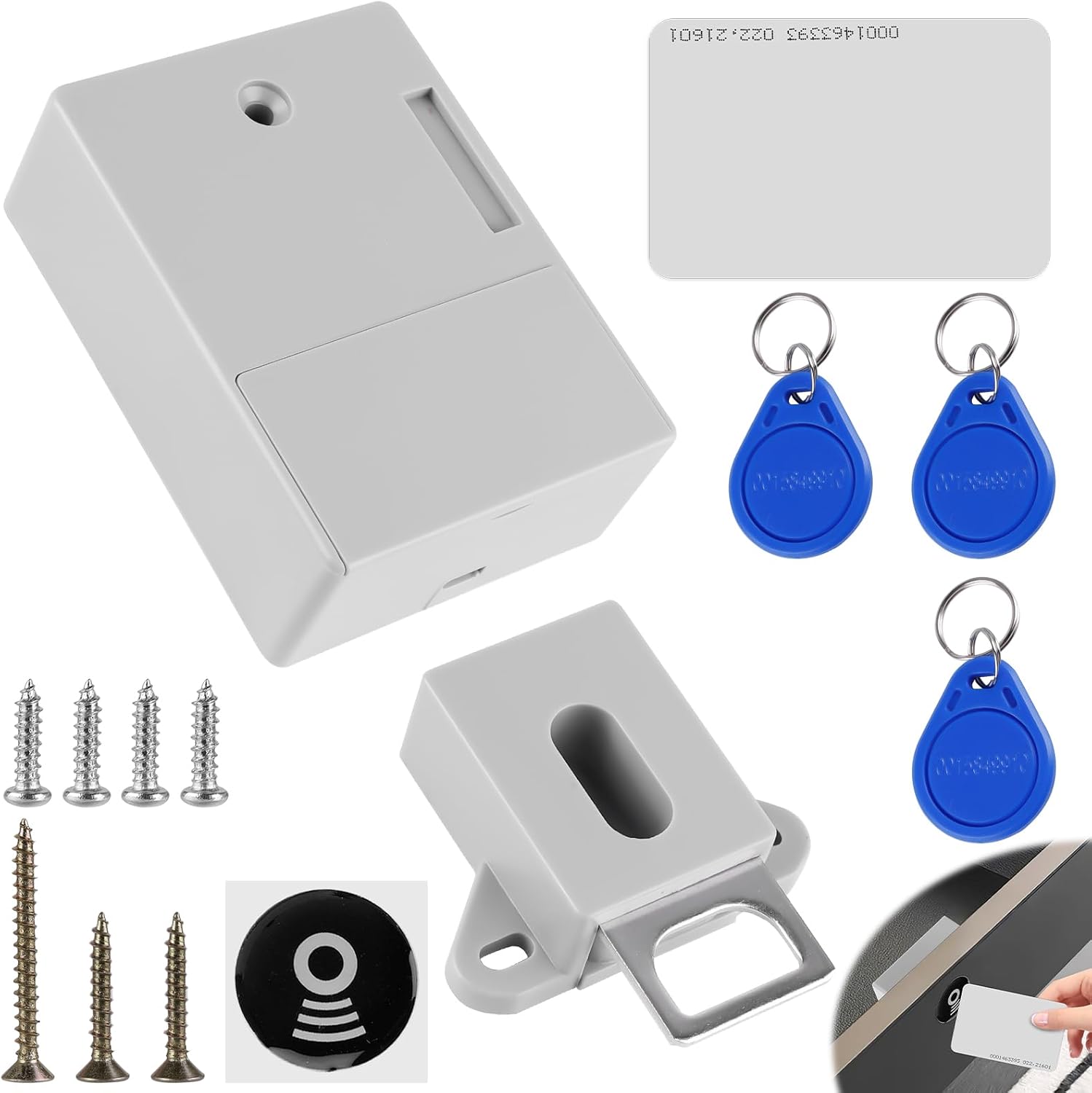 Ver especificaciones técnicas y precio actualizado de Cerradura Electrónica Oculta para Cajones y Armarios con Tarjetas RFID sin Taladrar Fotografía técnica oficial de Cerradura Electrónica Oculta para Cajones y Armarios con Tarjetas RFID sin Taladrar - Vista frontal con fondo neutro