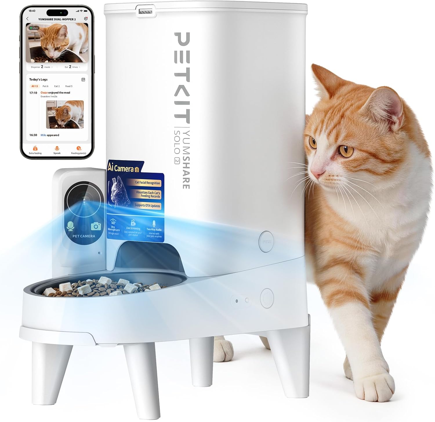 Fotografía técnica oficial de Comedero Automático Inteligente para Gatos con Cámara HD 1080p, WiFi y Audio Bidireccional - Vista frontal con fondo neutro
