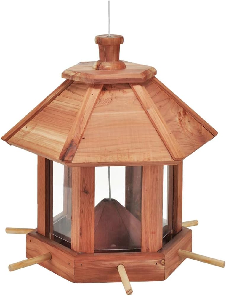 Fotografía técnica oficial de Comedero para Aves Silvestres de Madera de Cedro Macizo Tratada Anti-Humedad - Vista frontal con fondo neutro