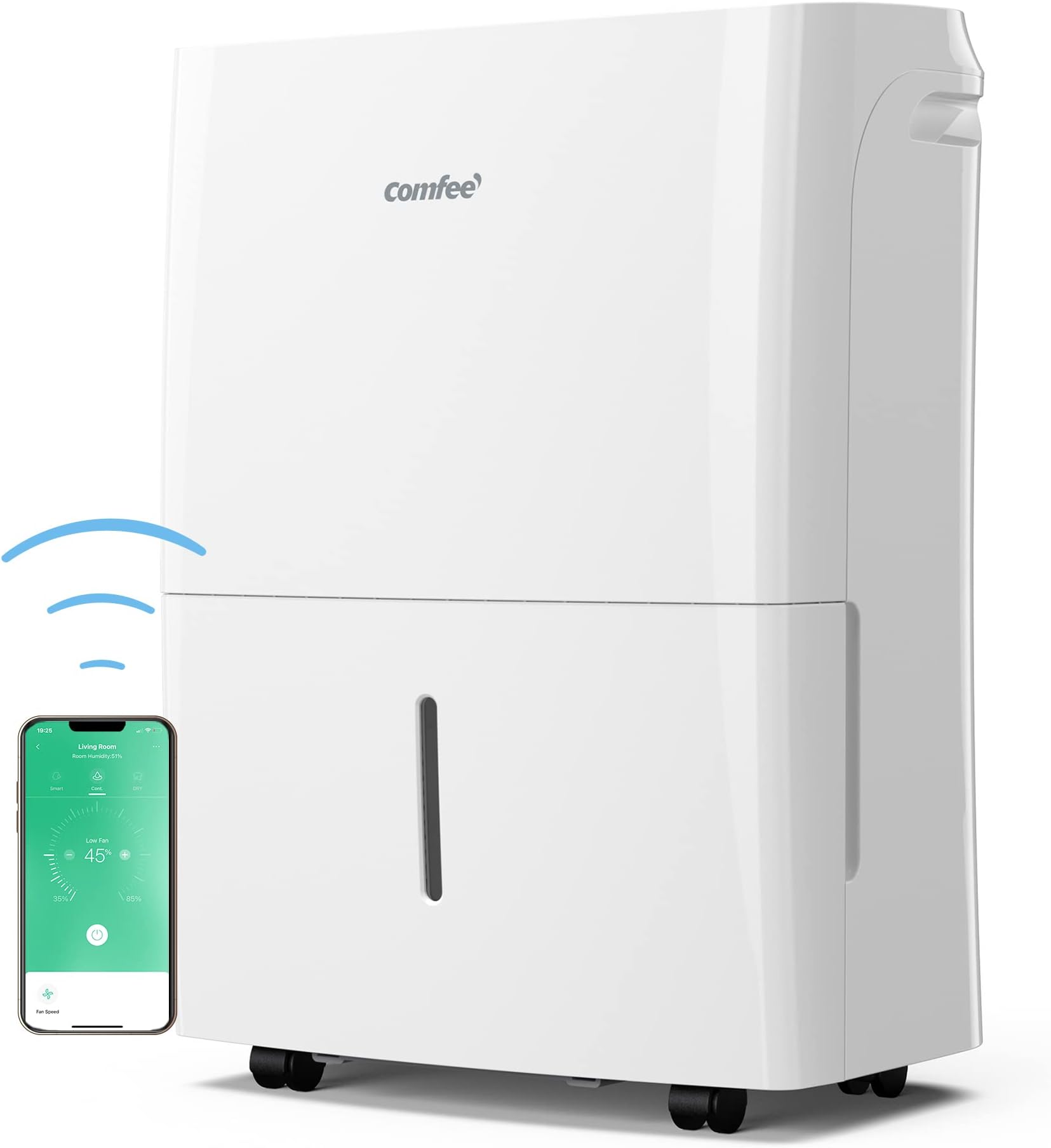 Fotografía técnica oficial de Comfee Deshumidificador Inteligente WiFi 20L/Día con Control por App Móvil y Modo Secado - Vista frontal con fondo neutro