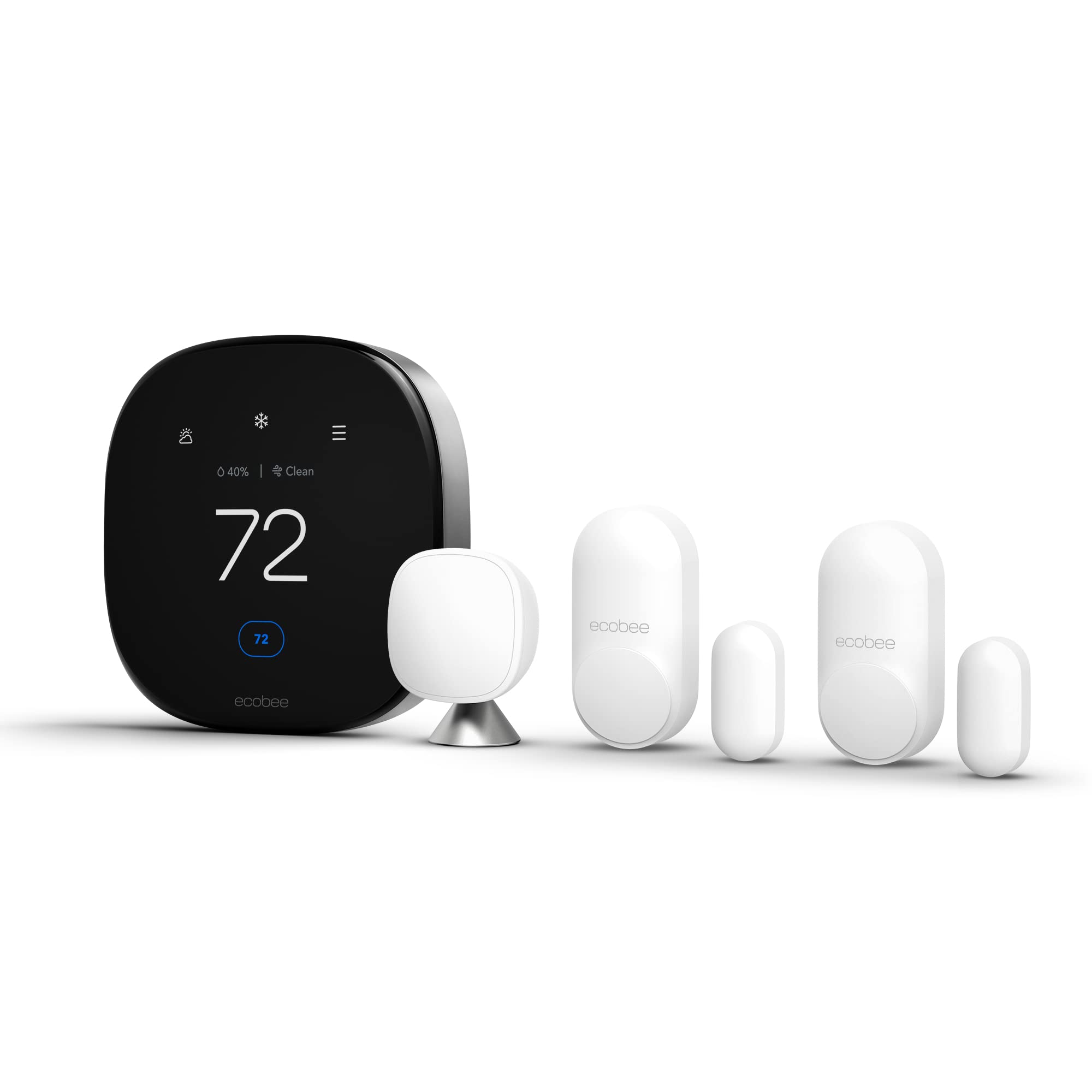 Fotografía técnica oficial de Ecobee Smart Thermostat Premium con Sensor Remoto SmartSensor y Monitor de Calidad de Aire - Vista frontal con fondo neutro
