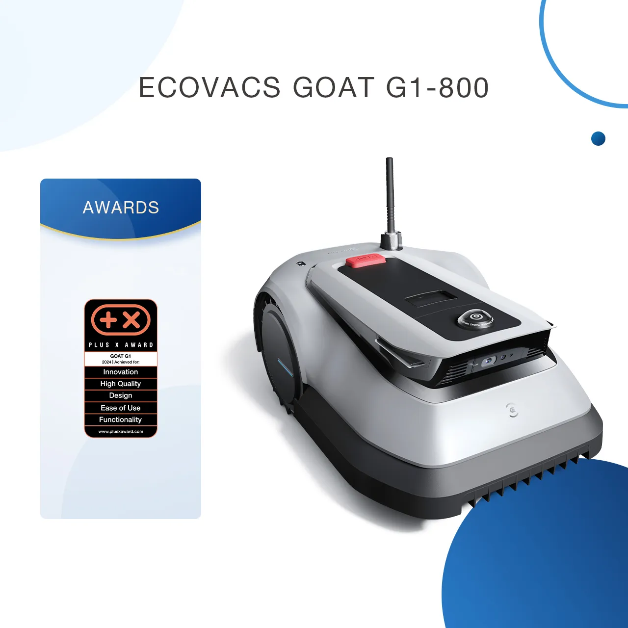 Ver especificaciones técnicas y precio actualizado de ECOVACS GOAT G1-800 Robot Cortacésped con Balizas Inalámbricas y Sistema de Visión Panorámica Fotografía técnica oficial de ECOVACS GOAT G1-800 Robot Cortacésped con Balizas Inalámbricas y Sistema de Visión Panorámica - Vista frontal con fondo neutro