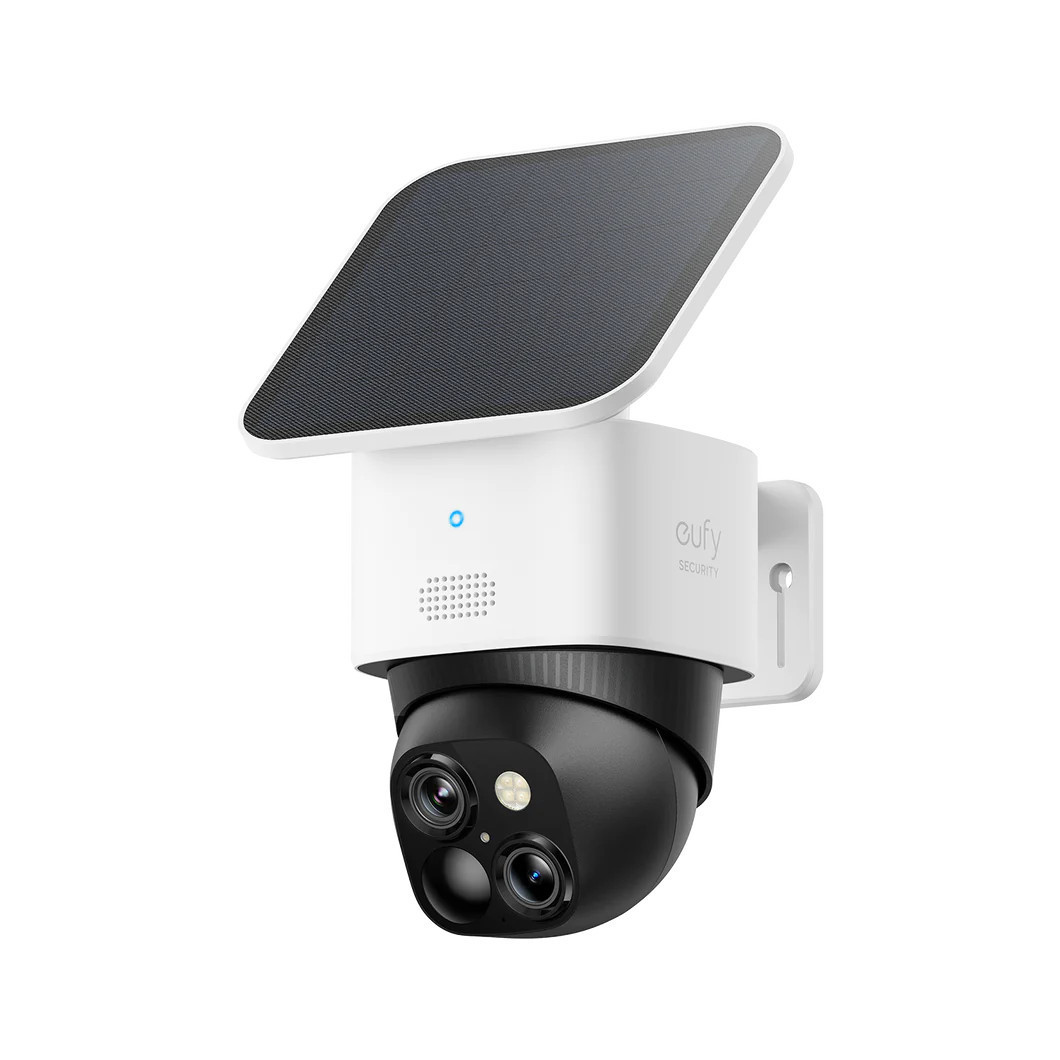 Ver especificaciones técnicas y precio actualizado de eufy Security SoloCam S340 Cámara 3K Dual con Panel Solar y Rotación 360° Fotografía técnica oficial de eufy Security SoloCam S340 Cámara 3K Dual con Panel Solar y Rotación 360° - Vista frontal con fondo neutro