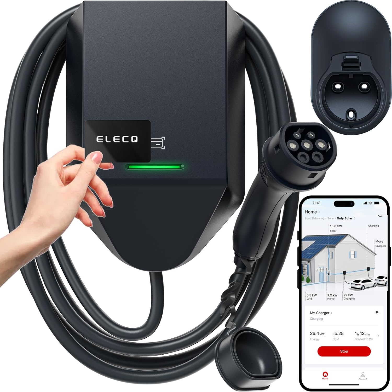 Fotografía técnica oficial de Feyree Punto de Recarga Wallbox 7kW Tipo 2 con App WiFi Tuya y Pantalla - Vista frontal con fondo neutro
