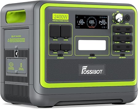 Fotografía técnica oficial de FOSSiBOT F2400 Estación de Energía Solar LiFePO4 2048Wh con 3 Tomas AC 2400W - Vista frontal con fondo neutro