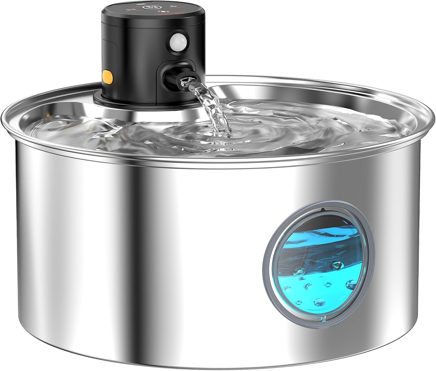 Fotografía técnica oficial de Fuente de Agua para Mascotas de Acero Inoxidable 304 de 3.2L con Bomba Ultrasilenciosa - Vista frontal con fondo neutro