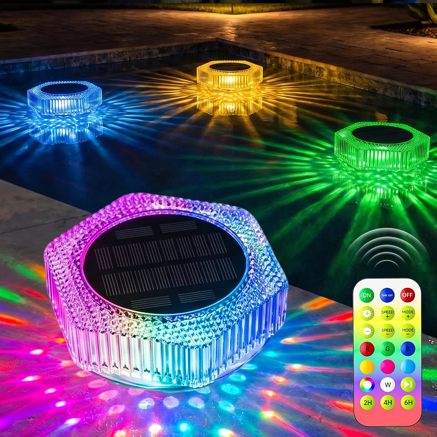 Fotografía técnica oficial de Fuente Solar Flotante para Jardín y Baño de Pájaros con Batería y Luces LED RGB - Vista frontal con fondo neutro