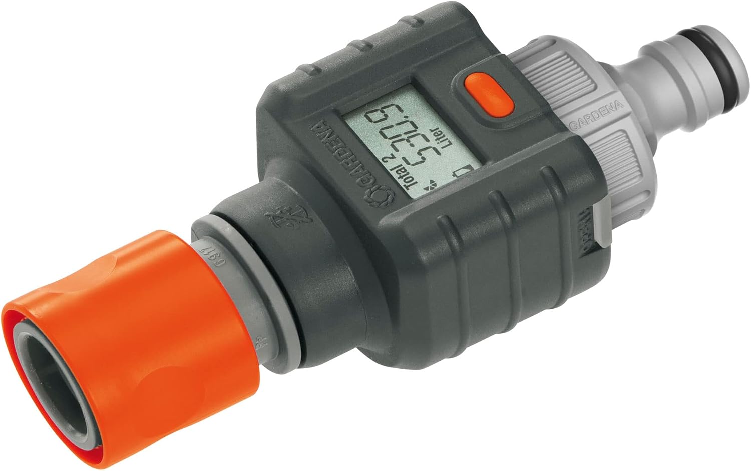 Fotografía técnica oficial de Gardena Medidor de Caudal de Agua Digital para Grifo con 4 Funciones de Medición - Vista frontal con fondo neutro