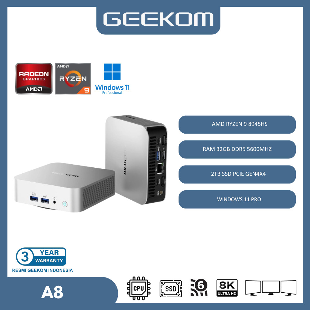 Fotografía técnica oficial de GEEKOM A8 Mini PC con AMD Ryzen 9 8945HS (8C/16T), 32GB RAM DDR5 5600MHz y NPU Ryzen AI 39 TOPS - Vista frontal con fondo neutro