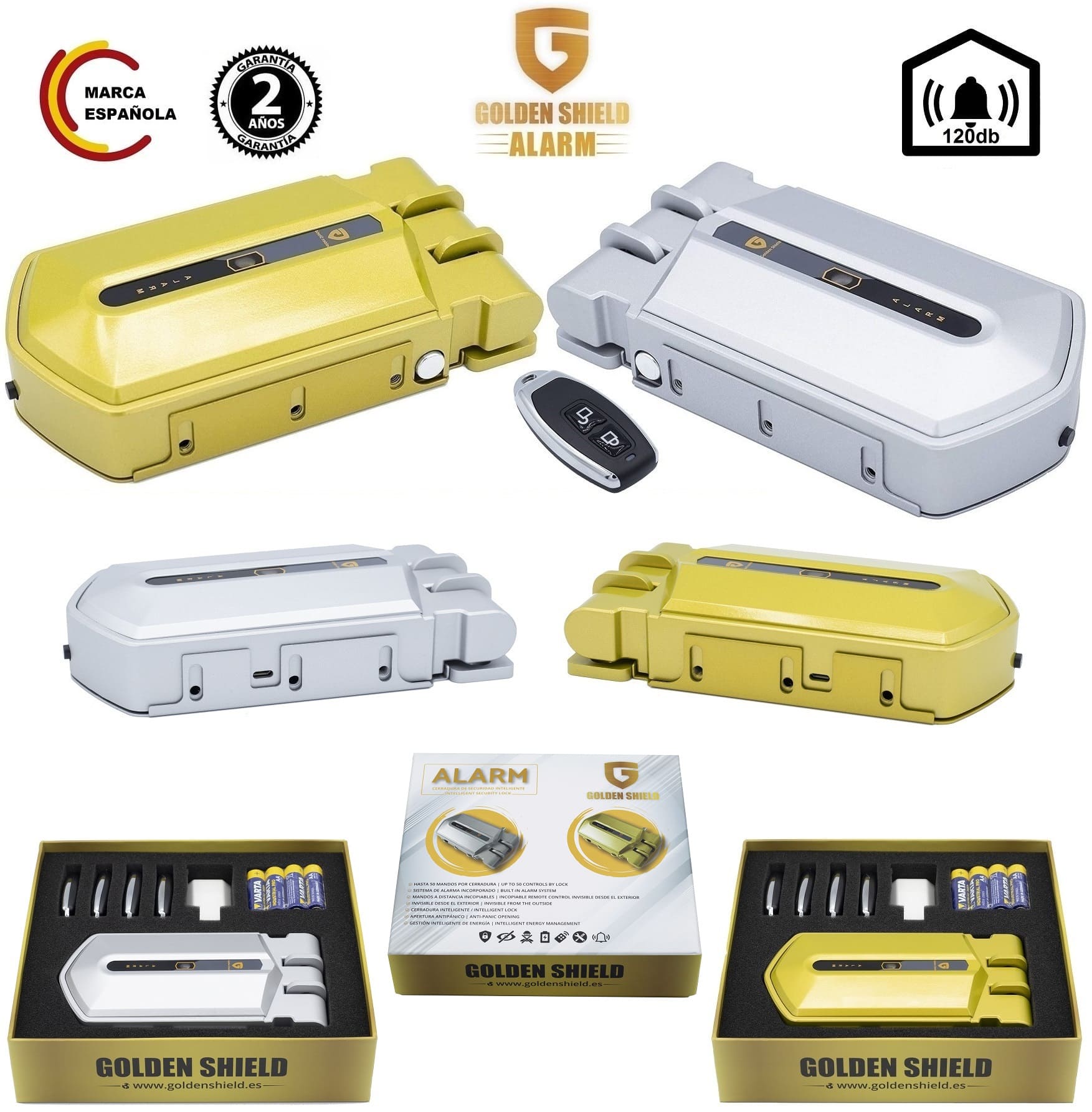 Ver especificaciones técnicas y precio actualizado de Golden Shield Alarm Cerradura Invisible de Alta Seguridad con Sirena Integrada de 95 dB Fotografía técnica oficial de Golden Shield Alarm Cerradura Invisible de Alta Seguridad con Sirena Integrada de 95 dB - Vista frontal con fondo neutro