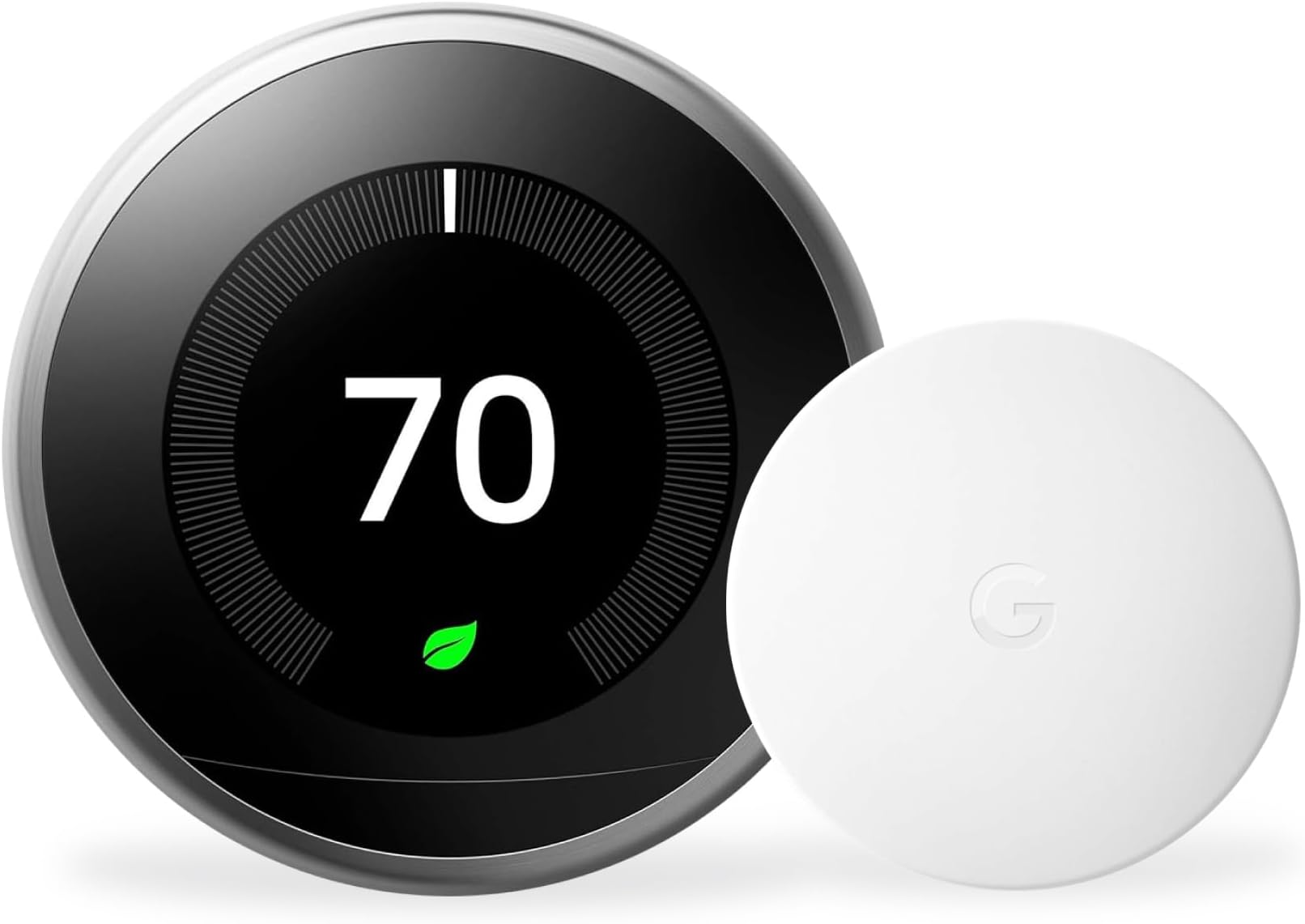 Fotografía técnica oficial de Google Nest Learning Thermostat (3ª Gen) Acero Inox con Pantalla Farsight - Vista frontal con fondo neutro