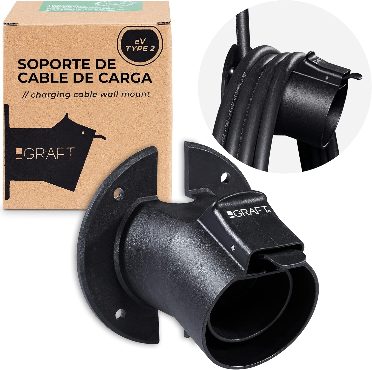 Fotografía técnica oficial de Graft Soporte de Pared Tipo 2 para Cable de Carga EV con Gancho Organizador y Bloqueo Antirrobo - Vista frontal con fondo neutro