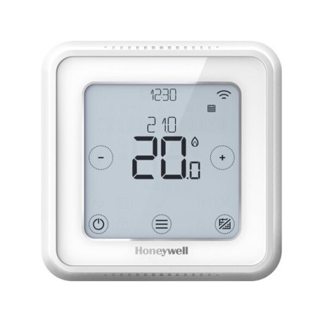 Fotografía técnica oficial de Honeywell Home T6 Termostato Inteligente Cableado con Modulación OpenTherm y Pantalla Táctil - Vista frontal con fondo neutro