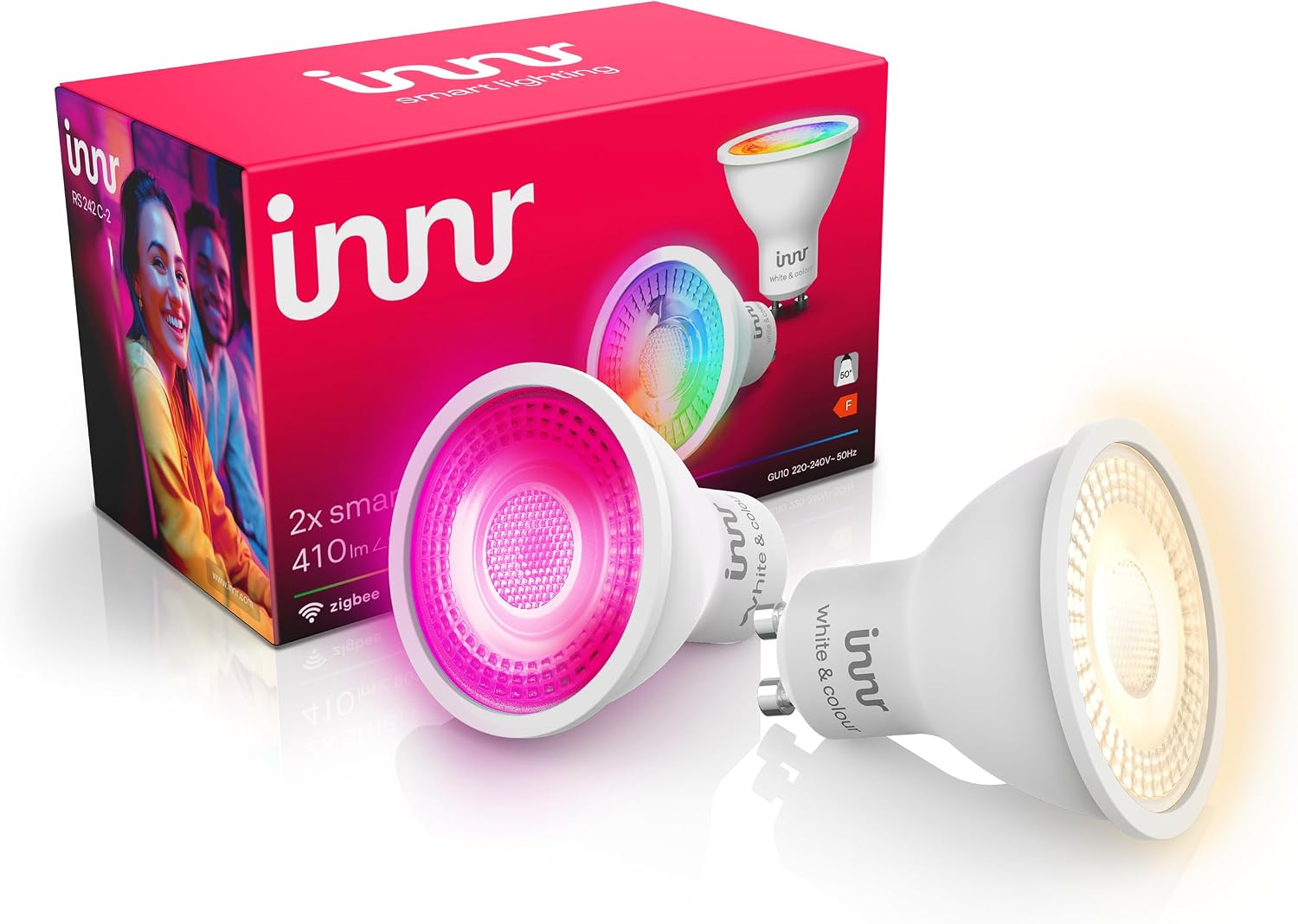 Fotografía técnica oficial de Innr Kit de 3 Focos LED Inteligentes de Jardín Zigbee RGBW de Baja Tensión - Vista frontal con fondo neutro