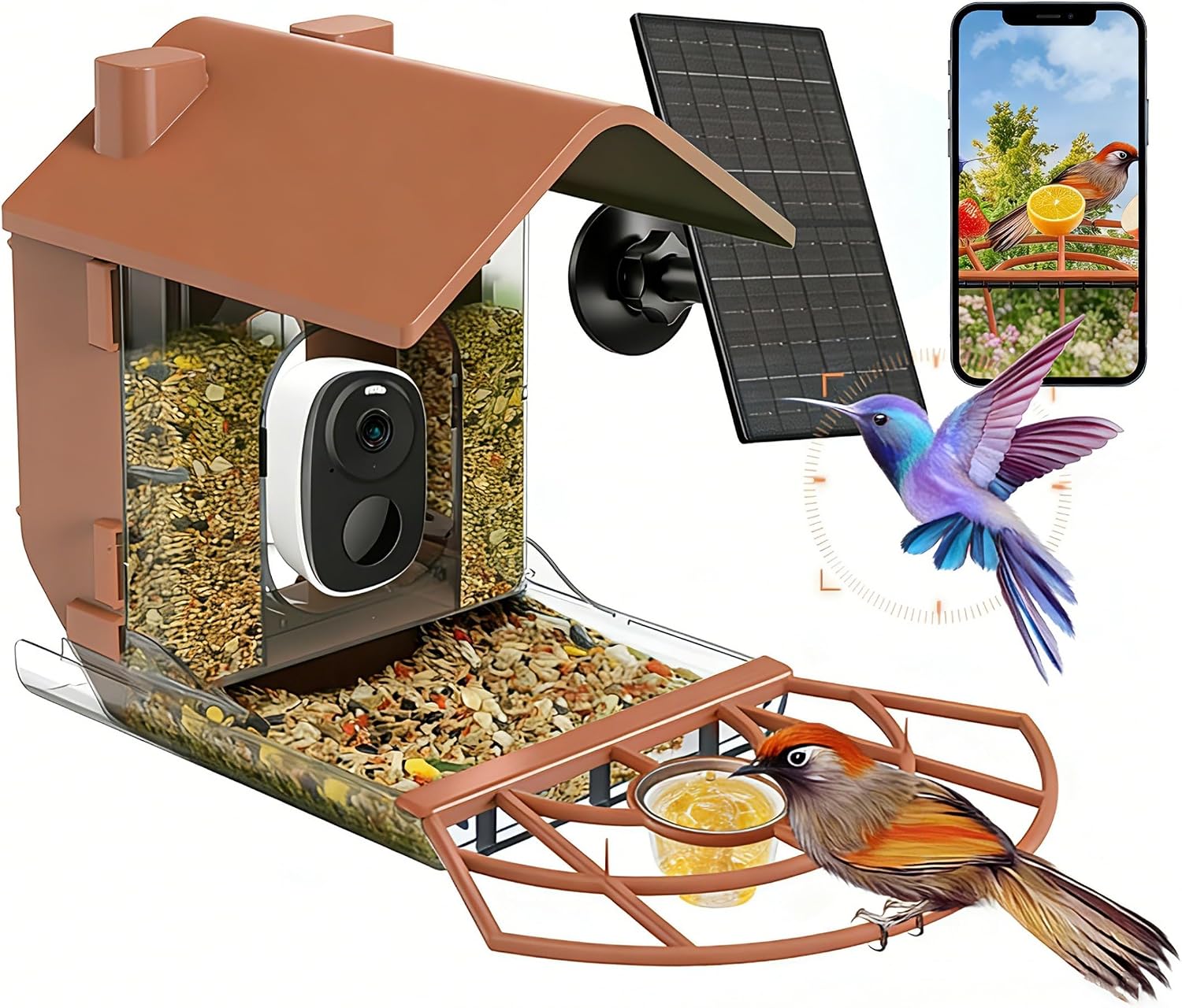 Fotografía técnica oficial de Lancoon Comedero Pájaros Inteligente Solar con Cámara HD y Reconocimiento IA - Vista frontal con fondo neutro