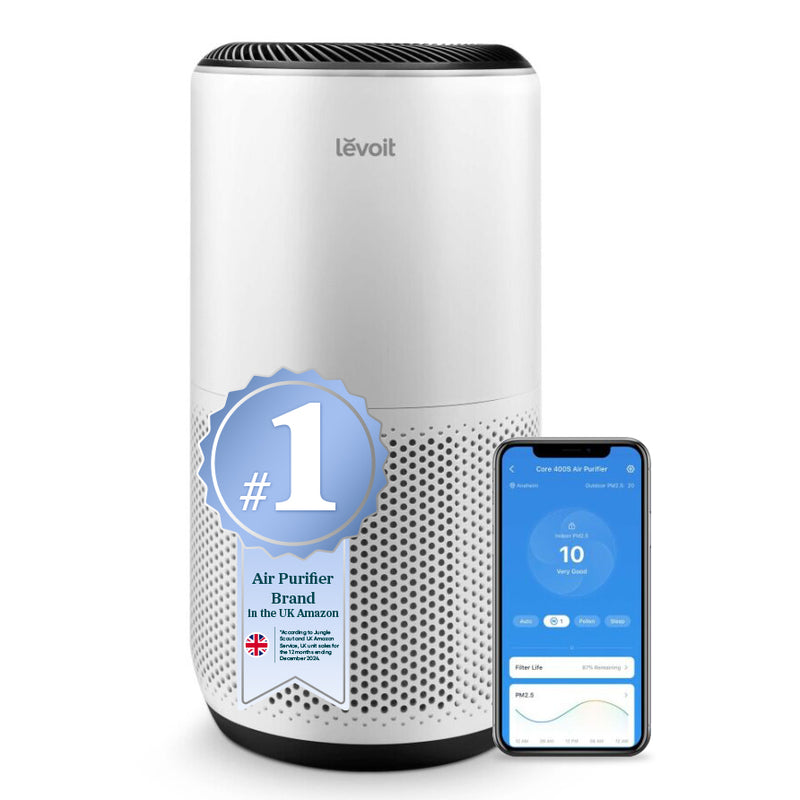 Fotografía técnica oficial de Levoit Core 400S Purificador de Aire Inteligente con Filtro HEPA H13, Sensor Láser PM2.5 y Modo Silencio - Vista frontal con fondo neutro