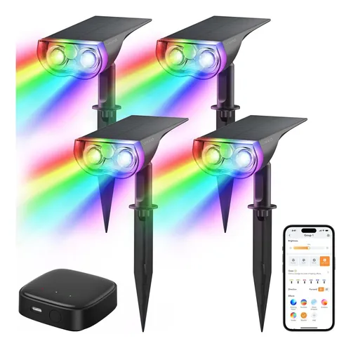 Fotografía técnica oficial de Linkind Focos Solares Inteligentes de Exterior RGBW con Sensor Crepuscular y Panel Monocristalino - Vista frontal con fondo neutro