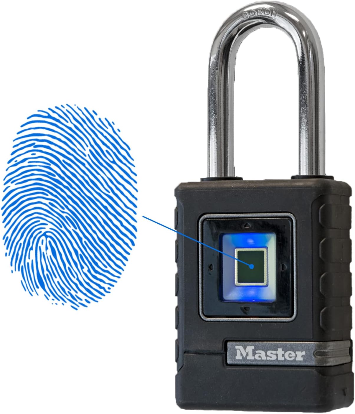 Ver especificaciones técnicas y precio actualizado de Master Lock Candado Biométrico de Huella Dactilar Exterior para Trasteros y Verjas Fotografía técnica oficial de Master Lock Candado Biométrico de Huella Dactilar Exterior para Trasteros y Verjas - Vista frontal con fondo neutro
