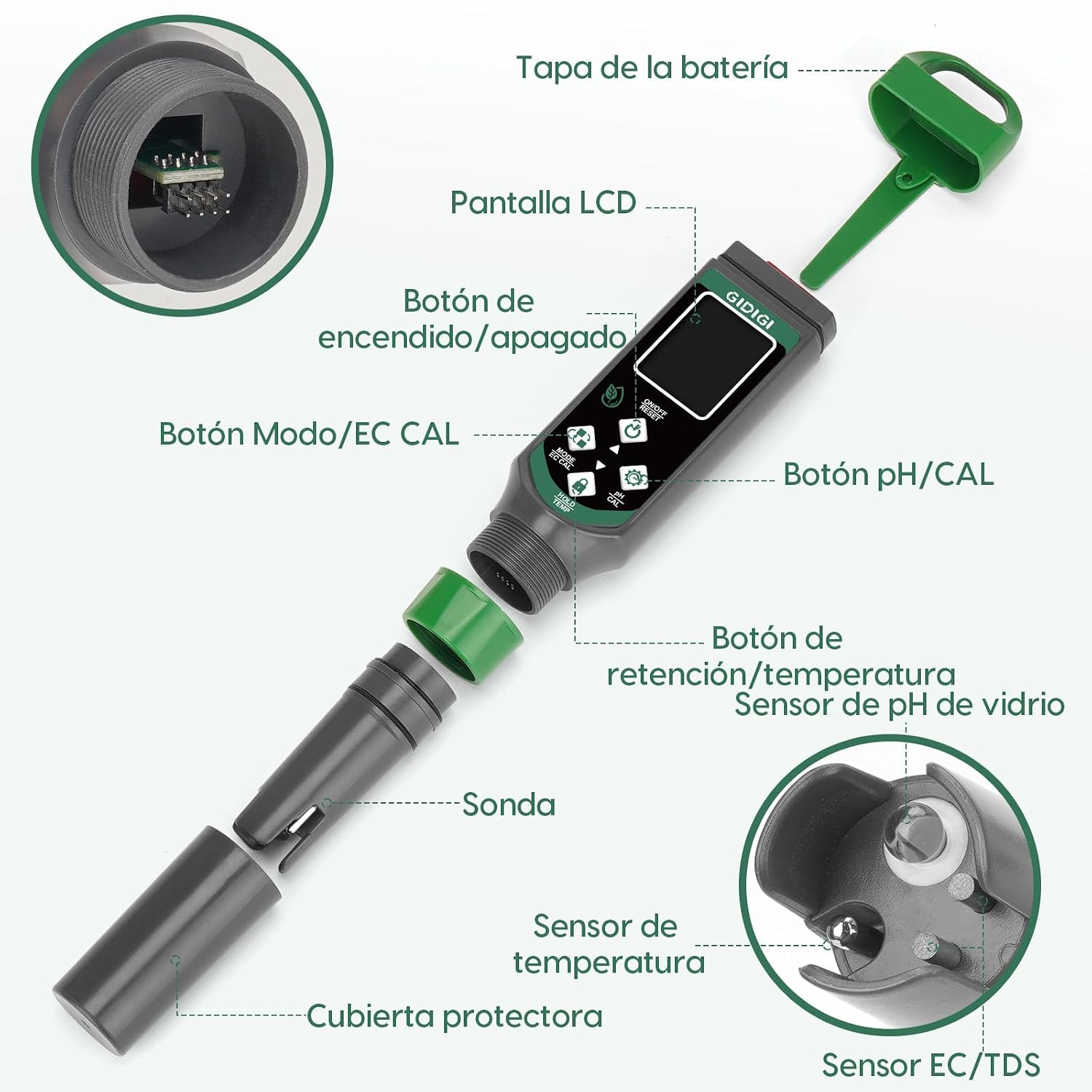 Fotografía técnica oficial de Medidor TDS Digital Portátil de Pureza del Agua en PPM con Sonda de Titanio - Vista frontal con fondo neutro