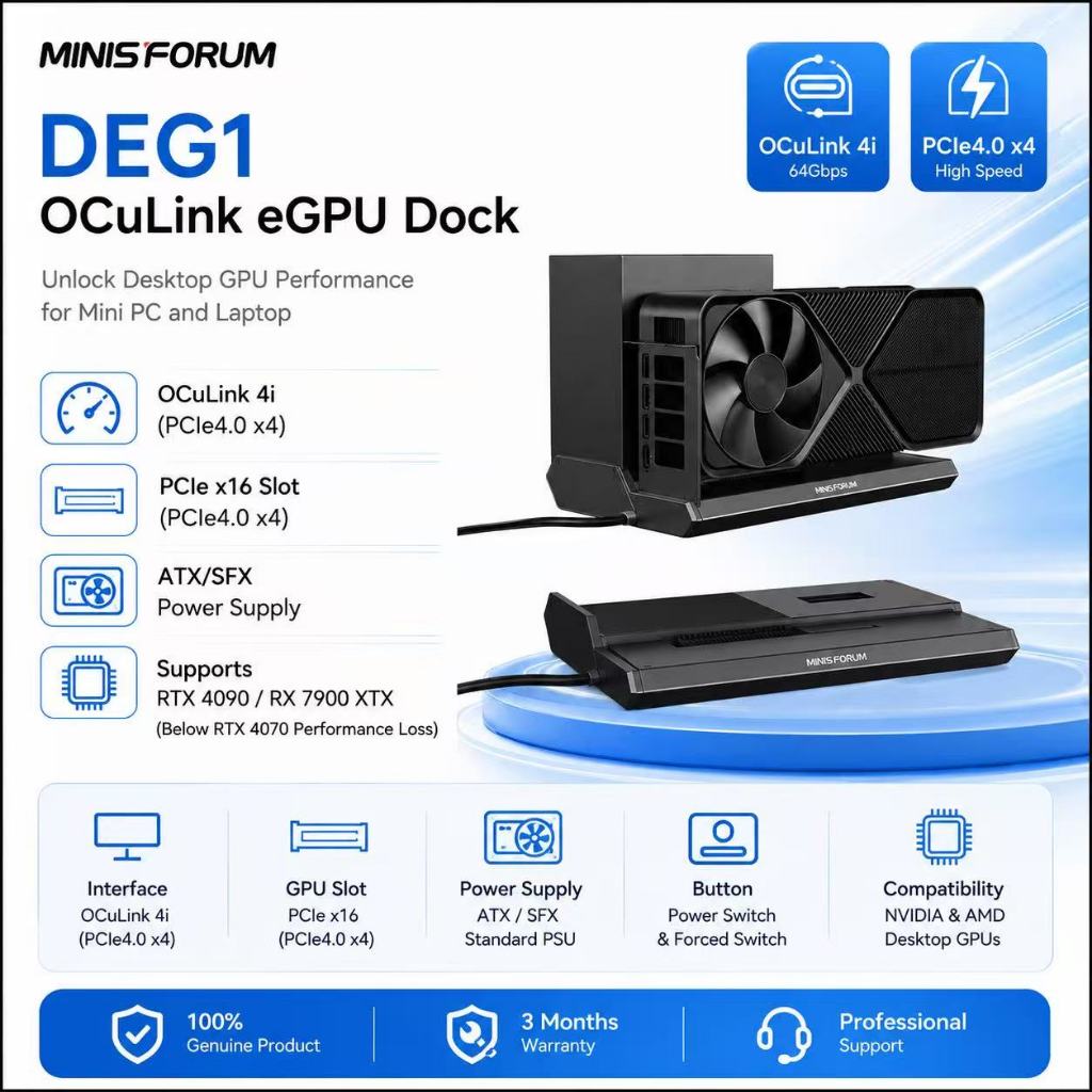 Fotografía técnica oficial de Minisforum DEG1 Base de Expansión eGPU Dock con Interfaz OCuLink / PCIe 4.0 x16 y Soporte para Fuentes ATX/SFX - Vista frontal con fondo neutro