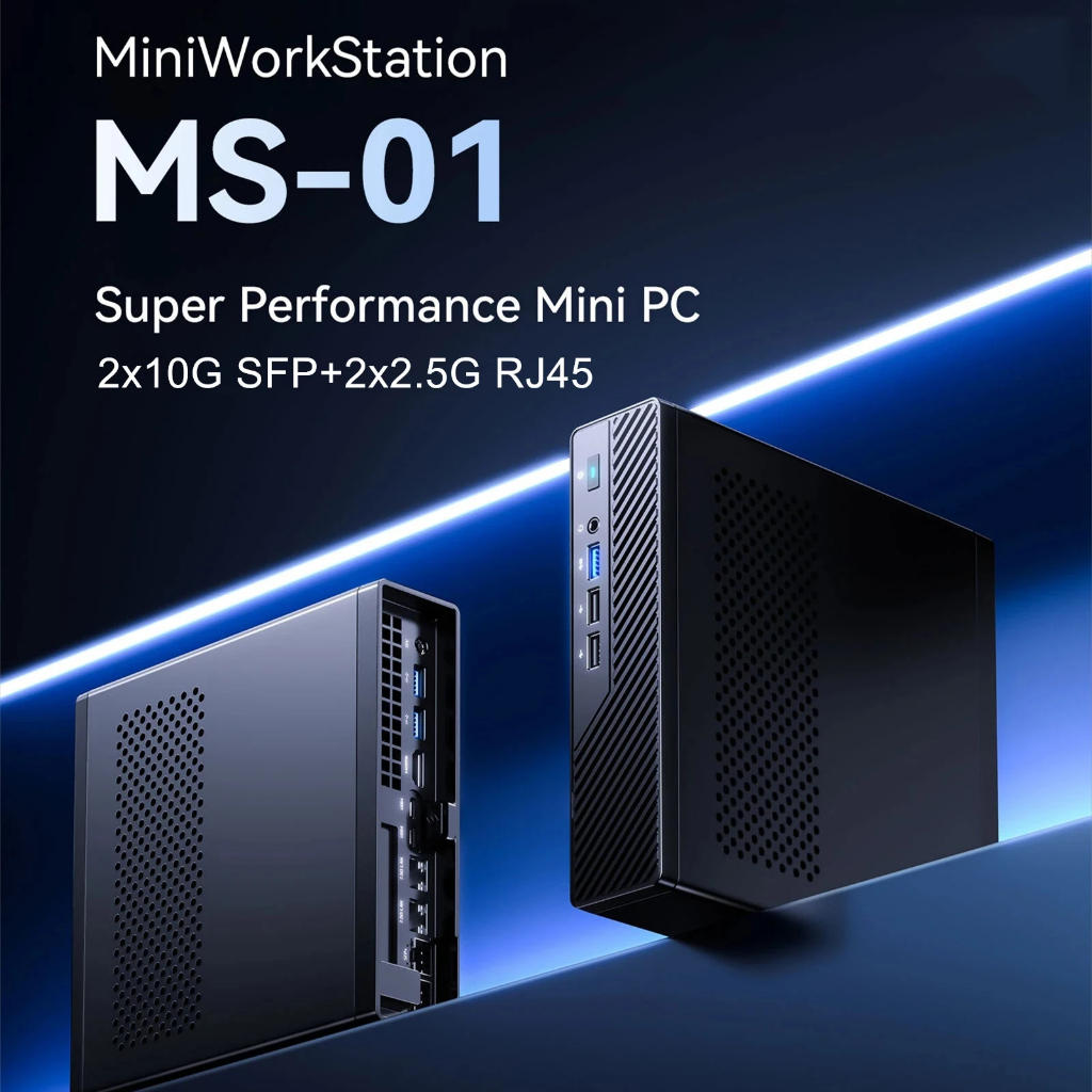 Fotografía técnica oficial de Minisforum MS-01 Mini Workstation PC con Intel Core i9-13900H, Dual 10GbE SFP+ y Ranura PCIe 4.0 x16 - Vista frontal con fondo neutro