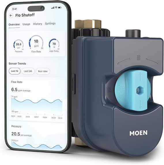 Fotografía técnica oficial de Flo by Moen Válvula Inteligente de Corte de Agua con Detección de Microfugas y Presión - Vista frontal con fondo neutro