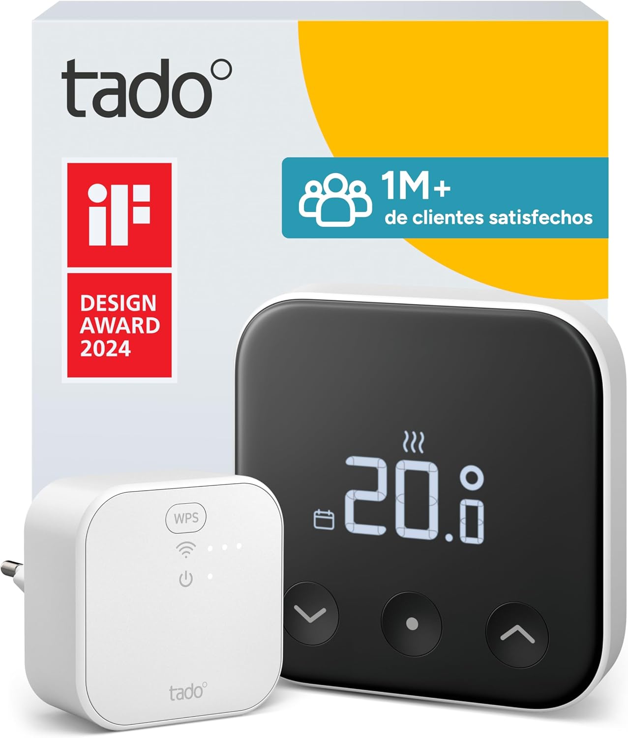 Fotografía técnica oficial de Netatmo Termostato Inteligente para Caldera Diseñado por Starck con Función Auto-Adapt - Vista frontal con fondo neutro