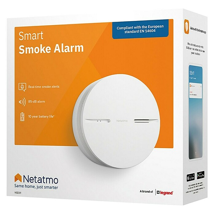 Fotografía técnica oficial de Netatmo Detector de Humo Inteligente WiFi con Batería de 10 Años y Sirena de 85 dB - Vista frontal con fondo neutro