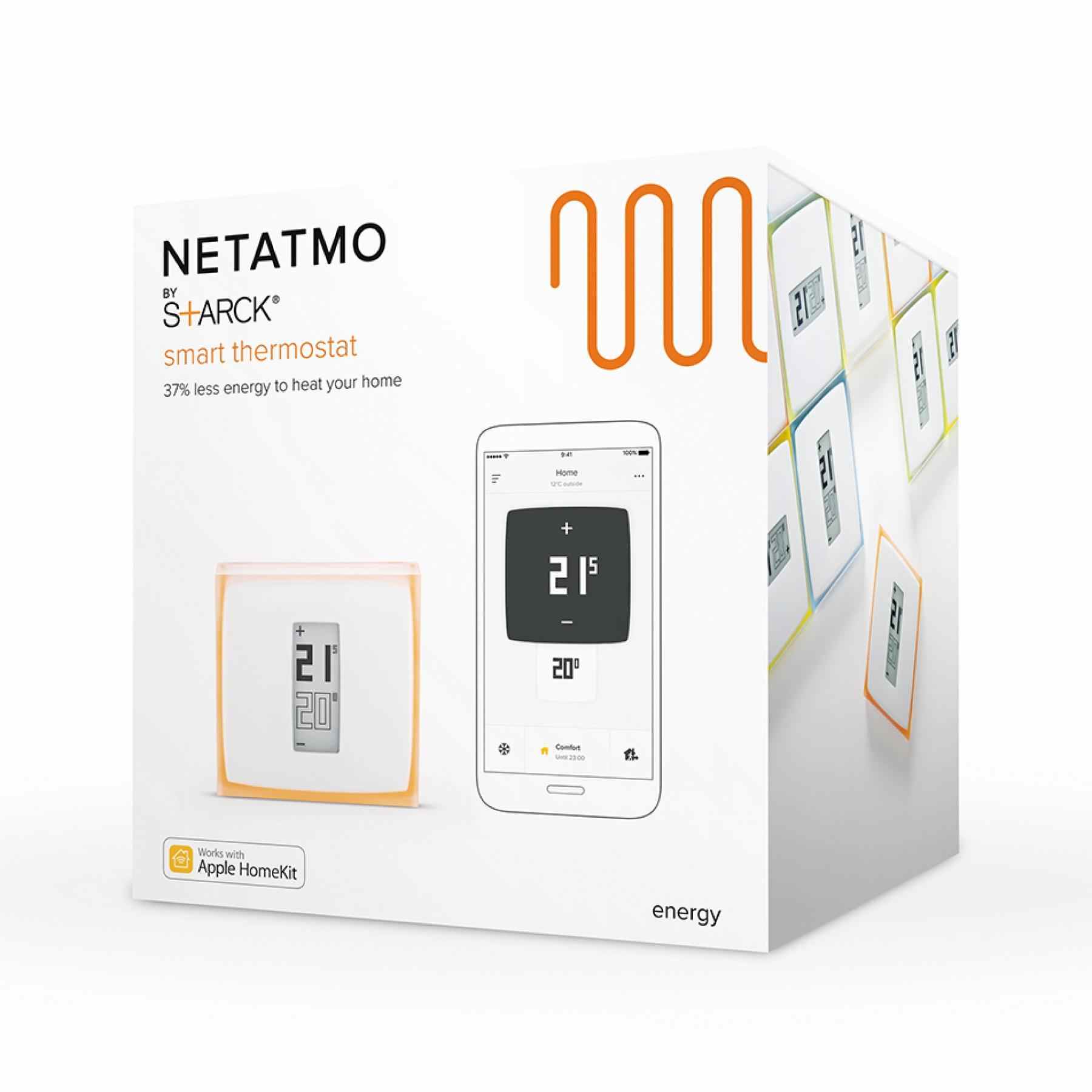 Fotografía técnica oficial de Netatmo Termostato Inteligente para Caldera Individual Diseñado por Starck - Vista frontal con fondo neutro