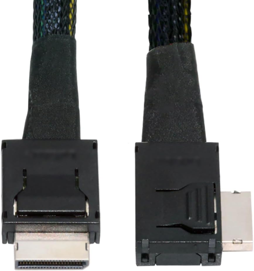 Ver especificaciones técnicas y precio actualizado de Cable OcuLink PCIe 4.0 SFF-8611 con Conector Acodado en Ángulo 90 Grados para Homelab Mini PC Fotografía técnica oficial de Cable OcuLink PCIe 4.0 SFF-8611 con Conector Acodado en Ángulo 90 Grados para Homelab Mini PC - Vista frontal con fondo neutro