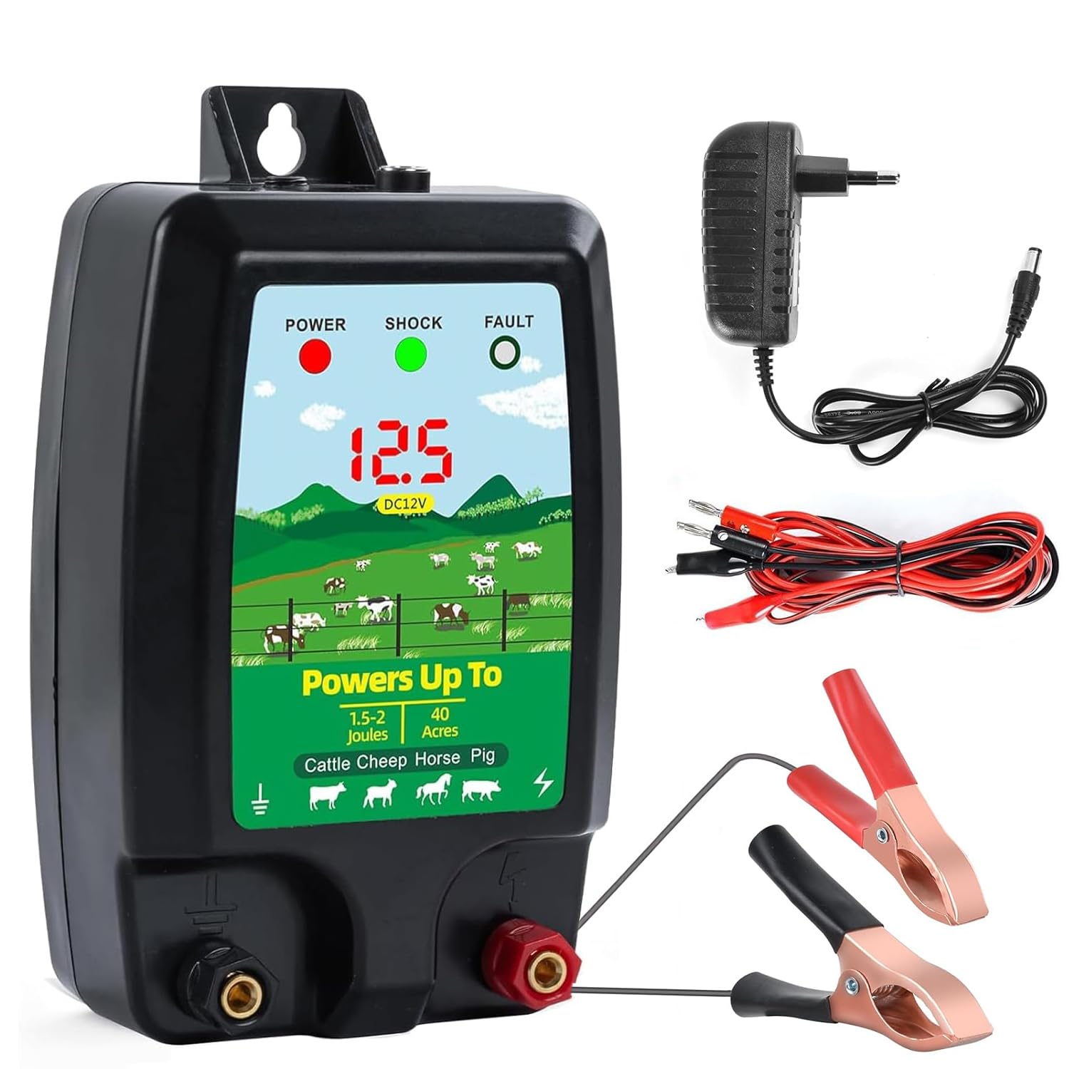 Fotografía técnica oficial de Zelus Electrificador de Cercado 12V / 230V Dual para Protección de Cultivos - Vista frontal con fondo neutro