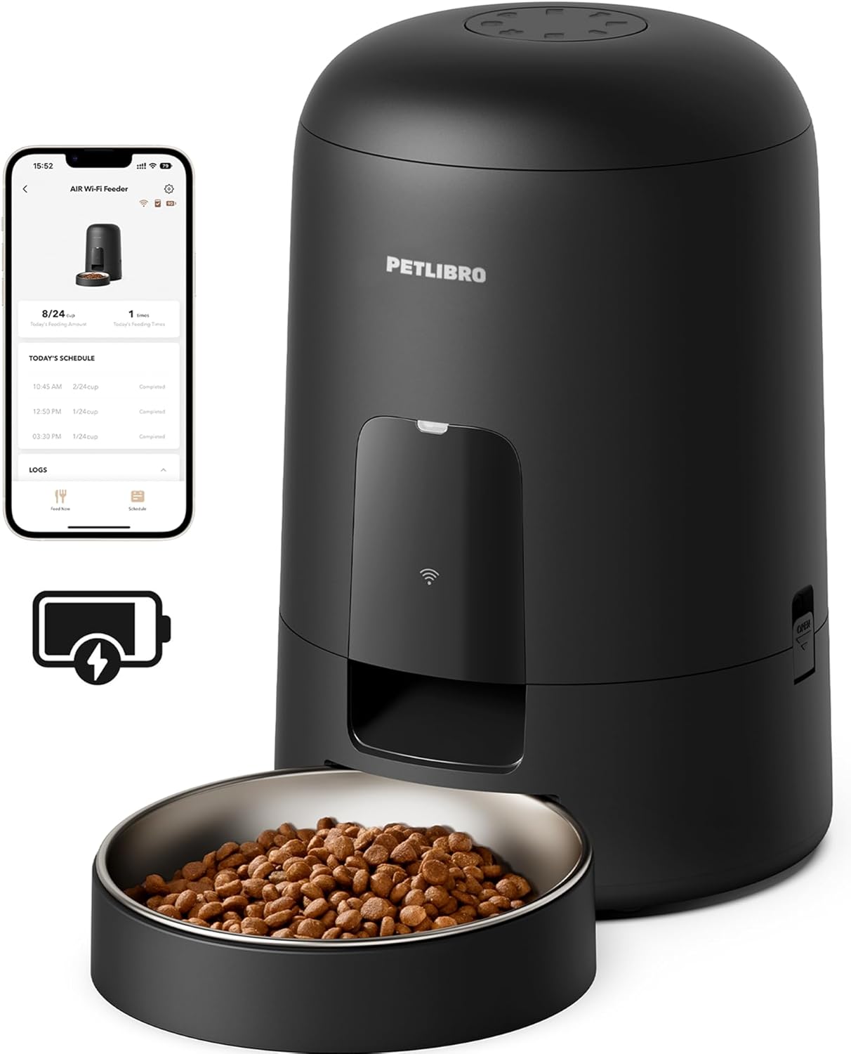 Fotografía técnica oficial de PETLIBRO Granary Comedero Automático para Mascotas con WiFi 5GHz, Sellado Cuádruple y Control por App - Vista frontal con fondo neutro