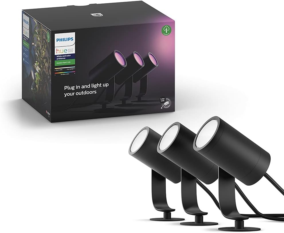 Fotografía técnica oficial de Philips Hue Lily Kit de 3 Focos LED de Exterior RGBW IP65 con Fuente de Alimentación - Vista frontal con fondo neutro